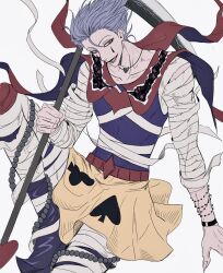 Rule 34 | 1boy, alternate costume, bandages, clenched teeth, commentary request, facepaint, highres, hisoka morow, holding, holding scythe, hunter x hunter, jester, jewelry, kann 55, korean commentary, looking at viewer, male focus, necklace, pectoral cleavage, pectorals, scythe, simple background, sitting, smile, solo, teeth, toned, toned male