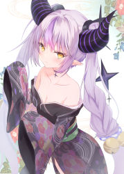 Rule 34 | 1girl, absurdres, bare shoulders, black kimono, blush, breasts, cleavage, closed mouth, commentary request, demon horns, floral print, flower, highres, hololive, horns, izuno (izunoyoshiki), japanese clothes, kimono, la+ darknesss, long hair, long sleeves, looking at viewer, multicolored hair, off shoulder, print kimono, purple hair, silver hair, sleeves past fingers, sleeves past wrists, solo, streaked hair, twintails, very long hair, virtual youtuber, yellow eyes