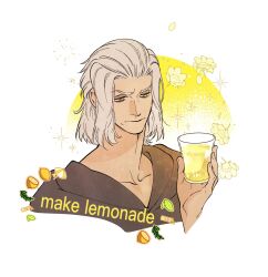 Rule 34 | 1boy, 5altybitter5, closed mouth, cup, emet-selch, english text, final fantasy, final fantasy xiv, food, fruit, glass, highres, holding, holding cup, lemon, lemonade, looking down, male focus, portrait, solo, sophist&#039;s robe (ff14)