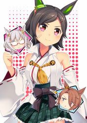 Rule 34 | 3girls, ^^^, ahoge, animal ears, armpit crease, bandaid, bandaid on cheek, bandaid on face, bare shoulders, biwa hayahide (umamusume), black hair, blue eyes, blush, breasts, brown hair, clenched hand, closed mouth, commentary request, cosplay, cowboy shot, detached sleeves, ear ornament, frilled skirt, frills, glasses, green skirt, hair ornament, hairclip, halftone, halftone background, hiei (kancolle), hiei (kancolle) (cosplay), highres, horse ears, horse girl, inset, japanese clothes, kantai collection, kimono, large breasts, long hair, looking at viewer, multiple girls, narita taishin (umamusume), nontraditional miko, opaque glasses, open mouth, parted bangs, partial commentary, plaid, plaid skirt, red-framed eyewear, red eyes, ribbon-trimmed sleeves, ribbon trim, semi-rimless eyewear, short hair, sidelocks, skirt, sleeveless, sleeveless kimono, smile, standing, tassel, thumbs up, triangle mouth, umamusume, white background, white hair, white kimono, white sleeves, wide sleeves, winning ticket (umamusume), yasume yukito