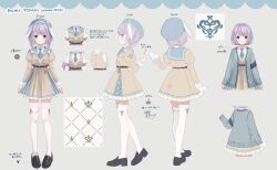 Rule 34 | 1girl, absurdres, black footwear, blush, braid, character sheet, closed mouth, colored inner hair, dress, frilled dress, frills, full body, hair ornament, hairclip, hat, heart, highres, jacket, jimmy madomagi, loafers, long sleeves, looking at viewer, multicolored hair, multiple views, necktie, official alternate costume, official art, pleated dress, puffy sleeves, purple eyes, purple hair, shoes, short hair, simple background, sleeves past wrists, smile, solo, standing, streaked hair, thighhighs, tosaki mimi, tosaki mimi (5th costume), two-tone hair, virtual youtuber, vspo!, white footwear, zettai ryouiki
