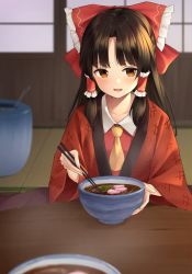 Rule 34 | 1girl, adapted costume, ascot, black hair, blurry, blurry background, blush, bow, bowl, brown eyes, brown hair, chabudai (table), chopsticks, collarbone, commentary request, cushion, depth of field, eating, fingernails, food, food request, frilled bow, frills, hair bow, hair tubes, hakurei reimu, half updo, hand up, highres, holding, holding chopsticks, indoors, japanese clothes, kanpa (campagne 9), kimono, light smile, long fingernails, long hair, long sleeves, looking at viewer, meat, mortar (bowl), noodles, on floor, open clothes, open kimono, open mouth, parted bangs, pov, ramen, red bow, red kimono, shouji, sidelocks, sitting, sliding doors, solo, soup, table, tatami, touhou, upper body, wide sleeves, wing collar, yellow ascot, zabuton