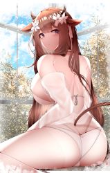 Rule 34 | 1girl, absurdres, animal ears, ass, azur lane, blush, breasts, brown hair, butt crack, closed mouth, cloud, commentary request, cow ears, cow girl, cow horns, cow tail, day, highres, horns, indoors, kashino (azur lane), kashino (hot springs relaxation) (azur lane), large breasts, long hair, looking at viewer, looking back, panties, purple eyes, samip, shirt, sideboob, sidelocks, sitting, sky, solo, tail, thighs, tree, underwear, wariza, white panties, white shirt, window