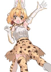 Rule 34 | animal ears, bare shoulders, blonde hair, bow, bowtie, cat ears, cat girl, cat tail, elbow gloves, extra ears, gloves, hair between eyes, high-waist skirt, highres, houkokukokui, kemono friends, looking at viewer, open mouth, print bow, print bowtie, print gloves, print skirt, print thighhighs, serval (kemono friends), serval print, shirt, short hair, skirt, sleeveless, smile, tail, thighhighs, waving, white shirt, yellow eyes, zettai ryouiki