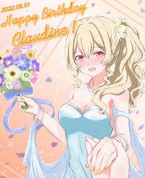 Rule 34 | 2022, 2girls, blonde hair, blush, bouquet, breasts, character name, chibinekopan, cleavage, dated, dress, english text, female focus, female pov, flower, hair flower, hair ornament, happy birthday, highres, holding, holding bouquet, holding hands, jewelry, long hair, looking at viewer, medium breasts, multiple girls, nail polish, necklace, open mouth, orange nails, petals, pink eyes, ponytail, pov, ring, saijou claudine, shoujo kageki revue starlight, smile, solo focus, tendou maya, wedding band, wife and wife, wristband, yuri