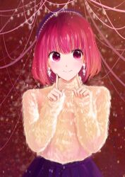 Rule 34 | 1girl, arima kana, closed mouth, coat, earrings, finger to face, fur coat, happy, hat, jewelry, light blush, light smile, looking to the side, oshi no ko, purple skirt, red eyes, red hair, short hair, skirt, smile, xiang yu pai
