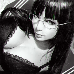 Rule 34 | 1girl, blunt bangs, bra, breasts, cleavage, from above, glasses, greyscale, ilya kuvshinov, long hair, looking at viewer, monochrome, photo-referenced, realistic, smile, solo, underwear