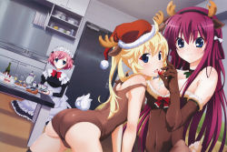 Rule 34 | 3girls, absurdres, animal costume, animal ears, anno masato, antlers, ass, bare shoulders, blonde hair, blue eyes, blush, breasts, brown gloves, brown one-piece swimsuit, cameltoe, christmas, cleavage, cosplay, deer ears, detexted, elbow gloves, fake animal ears, fang, female focus, food, fruit, fur trim, gloves, grisaia (series), grisaia no kajitsu, hairband, hat, highres, horns, indoors, komine sachi, large breasts, long hair, looking at viewer, maid, maid headdress, matsushima michiru, multiple girls, official art, one-piece swimsuit, open mouth, pantyhose, pink hair, purple hair, reindeer antlers, reindeer costume, santa hat, short hair, small breasts, smile, strawberry, suou amane, swimsuit, tail, thighhighs, third-party edit, watanabe akio