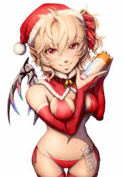 Rule 34 | 1girl, aged up, artificial vagina, bare shoulders, bell, bikini, blonde hair, bottle, breasts, bridal gauntlets, check commentary, christmas, collar, commentary request, condom, condom packet strip, condom wrapper, detached collar, flandre scarlet, hat, highres, hip focus, imizu (nitro unknown), lips, looking at viewer, lotion bottle, lowleg, lowleg bikini, lowleg panties, md5 mismatch, navel, neck bell, panties, pointy ears, red bikini, red eyes, red thighhighs, resolution mismatch, revision, santa hat, scrunchie, sex toy, side-tie bikini bottom, side-tie panties, side ponytail, slit pupils, smile, solo, source smaller, swimsuit, thighhighs, touhou, underwear, wings