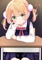 Rule 34 | angry, arm rest, black background, blonde hair, blue dress, blush, bow, bowtie, chair, child, commentary request, desk, dress, green eyes, hair between eyes, hair ornament, head rest, highres, indie virtual youtuber, long sleeves, looking at viewer, medium hair, nanami ayane (kusunoki5050), pom pom (clothes), pom pom hair ornament, pout, puffy cheeks, red bow, red bowtie, school chair, school desk, shigure ui (vtuber), shigure ui (vtuber) (young), shirt, sidelocks, sitting, thighs, twintails, v-shaped eyebrows, virtual youtuber, white shirt