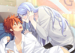 Rule 34 | 2boys, alternate hair length, alternate hairstyle, bed, blue eyes, blue hair, blush, eye contact, hand on another&#039;s shoulder, hasegawa langa, highres, kyan reki, long hair, looking at another, male focus, multiple boys, open mouth, pillow, red hair, sk8 the infinity, uppi, yaoi, yellow eyes
