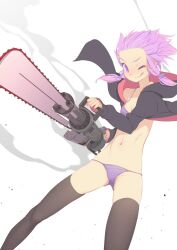 Rule 34 | 1girl, :q, alternate costume, bikini, black hoodie, black thighhighs, breasts, chainsaw, dutch angle, feet out of frame, floating hair, forehead, gatling gun, gunblade, highres, holding, hood, hood down, hoodie, light blush, light particles, long sleeves, looking at viewer, minigun, navel, open clothes, open hoodie, purple bikini, purple eyes, purple hair, raised eyebrow, red hoodie, short hair with long locks, simple background, skinny, small breasts, smile, smoke, solo, standing, stomach, swimsuit, thighhighs, tongue, tongue out, two-handed, two-tone hoodie, vocaloid, voiceroid, weapon, white background, wind, wind lift, yamadori seika, yuzuki yukari