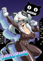 Rule 34 | 1girl, abs, animal ears, black cat (marvel), blue eyes, bodysuit, breasts, cat ears, cat tail, cleavage, felicia hardy, gradient background, highres, large breasts, long hair, marvel, mask, nipples, see-through, skin tight, tail, white hair
