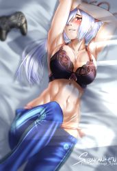 Rule 34 | 1girl, armpits, arms up, black bra, blue pants, blush, bra, breasts, cleavage, collarbone, commentary request, dutch angle, fate/grand order, fate (series), hair over one eye, hair ribbon, highres, large breasts, lingerie, long hair, looking at viewer, lowleg, lowleg panties, lying, muscular, navel, on back, on bed, panties, pants, pink panties, pixiv id, playstation controller, ponytail, red eyes, red ribbon, ribbon, sebakanken, signature, silver hair, solo, sunlight, tomoe gozen (fate), track pants, underwear
