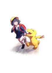 Rule 34 | 1girl, :d, ^ ^, absurdres, aged down, agumon, backpack, bag, black footwear, black hair, blazer, blue jacket, blue skirt, buttons, closed eyes, collared shirt, crossover, digimon, digimon (creature), digimon adventure, fang, fangs, hamachamu, happy, hat, highres, holding hands, holding strap, idolmaster, idolmaster cinderella girls, jacket, loafers, long sleeves, open mouth, pleated skirt, red bag, running, school bag, school hat, school uniform, shirt, shoes, short hair, simple background, skin fang, skirt, smile, socks, standing, standing on one leg, teeth, white background, white shirt, white socks, yellow headwear, yumemi riamu