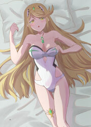 Rule 34 | 1girl, blonde hair, breasts, cleavage, kageyasu, large breasts, long hair, looking at viewer, mythra (radiant beach) (xenoblade), mythra (xenoblade), on bed, one-piece swimsuit, solo, swimsuit, xenoblade chronicles (series), xenoblade chronicles 2, yellow eyes