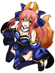 Rule 34 | 10s, 1girl, animal ears, bare shoulders, blue thighhighs, bow, breasts, clog sandals, detached sleeves, fate/extra, fate (series), fox ears, fox tail, hair bow, hair ribbon, japanese clothes, okobo, open mouth, pink hair, ribbon, sandals, smile, solo, tail, tamamo no mae (fate/extra), tamiczan, thighhighs, twintails, yellow eyes