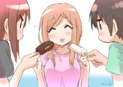 Rule 34 | 3girls, :d, ^ ^, aikawa chiho, black shirt, blue background, blush, breasts, brown hair, closed eyes, collarbone, commentary request, flying sweatdrops, food, gradient background, green shirt, hair between eyes, hands up, hasegawa fumi, holding, holding food, ice cream, light brown hair, long hair, medium breasts, multiple girls, okano kei, open mouth, pink shirt, profile, shirt, short sleeves, signature, smile, swept bangs, umiroku, upper body, white background, yuyushiki