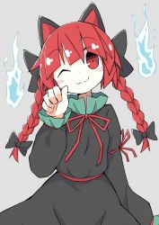 Rule 34 | 1girl, ;3, animal ears, asameshi, black bow, black dress, blush stickers, bow, braid, cat ears, dress, grey background, hair bow, hand up, hitodama, kaenbyou rin, long hair, long sleeves, looking at viewer, one eye closed, red eyes, red hair, simple background, smile, solo, touhou, twin braids