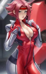 Rule 34 | 1girl, adjusting clothes, artist name, blue eyes, blurry, blurry background, bodysuit, breasts, cleavage, code geass, cowboy shot, dated, headband, highres, kouzuki kallen, large breasts, looking at viewer, mecha, open bodysuit, open clothes, parted bangs, pink lips, red bodysuit, red hair, robot, sciamano240, short hair, shrug (clothing), sidelocks, signature, solo, sunrise (company), thighs
