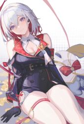 Rule 34 | 1girl, absurdres, bare shoulders, belt, black belt, black gloves, black shorts, blue eyes, breasts, cleavage, cleavage cutout, clothing cutout, colored inner hair, commentary request, gloves, highres, honkai: star rail, honkai (series), looking at viewer, medium breasts, multicolored hair, numby (honkai: star rail), red hair, short hair, shorts, sitting, smile, solo, thigh strap, thighs, topaz (honkai: star rail), trotter (honkai: star rail), white hair, yutou (yutou75)