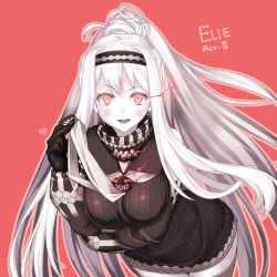 Rule 34 | 10s, 1girl, absurdres, abyssal ship, aircraft carrier oni, aircraft carrier water oni, blush, breasts, character name, collar, colored skin, detached sleeves, dress, gloves, glowing, glowing eyes, hair bun, headband, highres, kantai collection, large breasts, leaning forward, long hair, looking at viewer, notchi, red eyes, ribbed dress, sailor collar, short dress, single hair bun, smile, solo, thighhighs, very long hair, white hair, white skin, zettai ryouiki