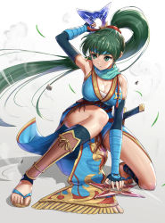 Rule 34 | 1girl, breasts, cleavage, dress, earrings, elbow gloves, female focus, fingerless gloves, fire emblem, fire emblem: the blazing blade, fire emblem heroes, full body, gloves, gonzarez, green eyes, green hair, headband, highres, holding, holding weapon, jewelry, large breasts, long hair, lyn (fire emblem), matching hair/eyes, ninja, nintendo, on one knee, ponytail, sandals, shadow, shin guards, shuriken, simple background, sleeveless, solo, sword, thighs, very long hair, weapon, white background