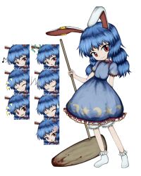 Rule 34 | 1girl, ambiguous red liquid, anger vein, animal ears, atoymk, bloomers, blue dress, blue hair, closed eyes, closed mouth, commentary request, dress, expressions, flat chest, full body, highres, holding, holding mallet, kine, len&#039;en, long hair, mallet, moon print, no shoes, notice lines, open mouth, parody, puffy short sleeves, puffy sleeves, rabbit ears, rabbit girl, red eyes, seiran (touhou), short sleeves, simple background, smile, socks, solo, standing, style parody, sun print, touhou, underwear, white background, white bloomers, white socks