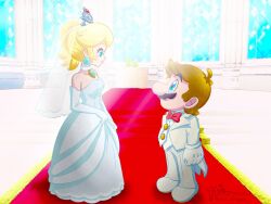 Rule 34 | 1boy, 1girl, blonde hair, blue eyes, breasts, bridal veil, brown hair, crown, dress, earrings, face-to-face, facial hair, flower earrings, formal, full body, gloves, grin, highres, jewelry, looking at another, mario, mario (series), medium breasts, mustache, nintendo, ponytail, princess peach, red carpet, smile, suit, super mario odyssey, veil, wedding dress, white suit