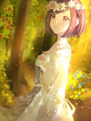 Rule 34 | 1girl, alternate costume, artist request, blurry, blurry background, braid, breasts, brown eyes, brown hair, dress, flower, forest, frills, from side, grass, hair ornament, head wreath, highres, long sleeves, looking afar, nature, official alternate costume, project sekai, shinonome ena, short hair, small breasts, solo, white dress