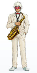Rule 34 | 1boy, ace attorney, bad id, bad pixiv id, beard, bow, bowtie, facial hair, full body, godot (ace attorney), goma (goma-folio), hand in pocket, highres, instrument, jacket, male focus, saxophone, shoes, simple background, smile, solo, strap, tuxedo, visor, white background, white footwear, white hair, white jacket