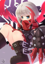 Rule 34 | 1girl, azur lane, bare legs, black dress, blue eyes, blush, boots, claws, covered mouth, dress, frilled dress, frills, knees together feet apart, little spee (azur lane), looking at viewer, mechanical gloves, medium hair, multicolored hair, red hair, red scarf, sakamarujp, scarf, solo, streaked hair, striped clothes, striped scarf, two-tone hair, white hair