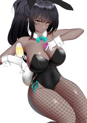 Rule 34 | absurdres, animal ears, black hair, black leotard, blue archive, blue bow, blue bowtie, bow, bowtie, breasts, cleavage, cup, curvy, dark-skinned female, dark skin, detached collar, fake animal ears, fishnet pantyhose, fishnets, hachi (888hachi), highres, holding, holding cup, karin (blue archive), karin (bunny) (blue archive), large breasts, leotard, official alternate costume, oversized breast cup, pantyhose, playboy bunny, rabbit ears, shiny clothes, shiny skin, solo, strapless, strapless leotard, thighs, traditional bowtie, white background, wide hips, wrist cuffs, yellow eyes