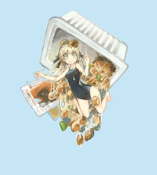 Rule 34 | 1girl, barefoot, black one-piece swimsuit, blonde hair, blue background, blush, brown eyes, container, disgust, food, food on head, full body, green eyes, hair ribbon, highres, in food, konno takashi (frontier pub), looking at viewer, messy, mini person, minigirl, nattou, no pupils, object on head, one-piece swimsuit, open mouth, original, ribbon, school swimsuit, short hair, simple background, solo, soy sauce, swimsuit, tears, wavy mouth