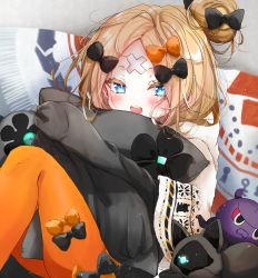 Rule 34 | 1girl, abigail williams (fate), abigail williams (winter caravan online 2021) (fate), absurdres, bandaid, bandaid on face, bandaid on forehead, black bow, black cat, blonde hair, blue eyes, blush, bow, breasts, cat, crossed bandaids, dress, fate/grand order, fate (series), forehead, grey dress, hair bow, hair bun, highres, legs, long hair, looking at viewer, lying, multiple bows, octopus, on back, open mouth, orange bow, orange pantyhose, pantyhose, parted bangs, sidelocks, single hair bun, small breasts, smile, tokitarou (fate), touko 56