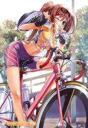 Rule 34 | 1girl, abs, absurdres, arched back, ashishun, bicycle, bike shorts, bikini, bikini top only, blue eyes, blush, bottle, breasts, brown hair, cleavage, day, drinking, fingerless gloves, front-tie top, gloves, helmet, highres, hip focus, legs, long hair, midriff, navel, one eye closed, open clothes, open shirt, original, outdoors, outstretched leg, shiny skin, shirt, skin tight, small breasts, solo, sunglasses, swimsuit, twintails, water bottle, wink
