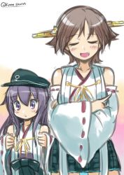 2girls akatsuki_(kancolle) bare_shoulders black_hair blue_eyes brown_eyes cosplay crossed_arms closed_eyes fang hairband hat hiei_(kancolle)_(cosplay) hiei_(kancolle) kantai_collection krono_tokage long_hair multiple_girls nontraditional_miko open_mouth short_hair skirt smile wide_sleeves