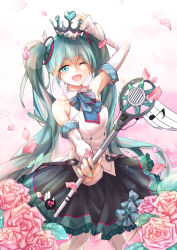 Rule 34 | 1girl, absurdres, aqua eyes, aqua hair, arm up, cowboy shot, crown, detached sleeves, flower, hatsune miku, highres, long hair, looking at viewer, magical mirai (vocaloid), magical mirai miku, magical mirai miku (2017), microphone, musical note, nail polish, one eye closed, open mouth, petals, rose, skirt, solo, twintails, very long hair, vocaloid, ya kexi
