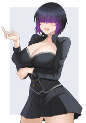 Rule 34 | 1girl, aori sora, arm under breasts, black hair, black jacket, black skirt, border, breasts, cleavage, collared jacket, commentary, commission, cowboy shot, facing viewer, grey background, hair over eyes, hand up, highres, jacket, large breasts, long sleeves, miniskirt, open mouth, original, pleated skirt, purple hair, short hair, simple background, skirt, smile, solo, white border