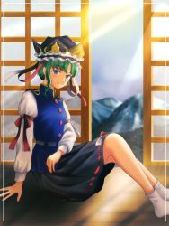 Rule 34 | 1girl, asymmetrical hair, black skirt, blouse, blue eyes, blue vest, blush, bow, bow skirt, breasts, closed mouth, commentary request, day, frilled hat, frills, full body, green hair, hat, indoors, kyabekko, long sleeves, looking at viewer, no shoes, red bow, ribbon-trimmed skirt, ribbon trim, shiki eiki, shirt, short hair, shouji, sitting, skirt, sleeve bow, sliding doors, small breasts, smile, socks, solo, sunlight, touhou, vest, white bow, white shirt