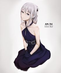 Rule 34 | 1girl, an-94 (girls&#039; frontline), an-94 (silent rouge) (girls&#039; frontline), bare shoulders, belt, black dress, black gloves, blue eyes, character name, closed mouth, criss-cross halter, dress, earrings, expressionless, folded ponytail, girls&#039; frontline, gloves, hair between eyes, halter dress, halterneck, highres, jewelry, long hair, looking at viewer, niac, official alternate costume, own hands together, silver hair, sitting, solo
