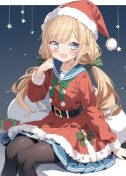 Rule 34 | 1girl, :d, aruka (alka p1), black pantyhose, blonde hair, blue eyes, blue sailor collar, blue skirt, bow, box, christmas, commentary request, dress, feet out of frame, fur-trimmed dress, fur-trimmed headwear, fur-trimmed sleeves, fur trim, gift, gift box, hair bow, hand up, hat, highres, long hair, long sleeves, looking at viewer, low twintails, open mouth, original, pantyhose, pleated skirt, red dress, sack, sailor collar, santa costume, santa hat, skirt, smile, solo, striped, striped bow, twintails, very long hair