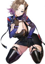 Rule 34 | 1girl, azur lane, black gloves, black thighhighs, blue dress, blue eyes, breasts, cameltoe, coat, commentary request, dress, gloves, hair ornament, hand on own hip, kneeling, large breasts, looking at viewer, mi35tututu, multicolored coat, multicolored hair, new orleans (azur lane), panties, pantyshot, silver hair, smile, solo, thighhighs, thighs, two-tone coat, two-tone hair, underwear, zettai ryouiki
