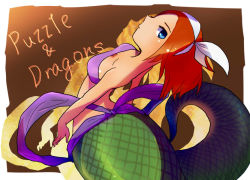 Rule 34 | 1girl, bandeau, bare arms, bare shoulders, blue eyes, border, breasts, brown background, cleavage, copyright name, gradient background, headband, lamia, midriff, monster girl, naga (p&amp;d), orange hair, outside border, puzzle &amp; dragons, red hair, short hair, simple background, small breasts, solo, white border