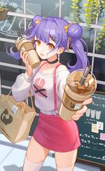 Rule 34 | 1girl, absurdres, bag, bare shoulders, bow, breasts, crazy ones, cup, disposable cup, double bun, drinking straw, hair bow, hair bun, highres, long sleeves, miniskirt, official art, pink skirt, puffy long sleeves, puffy sleeves, purple hair, qianye zhizi, shirt, shopping bag, skirt, small breasts, thighhighs, twintails, white shirt, white thighhighs, window, yellow bow, yellow eyes