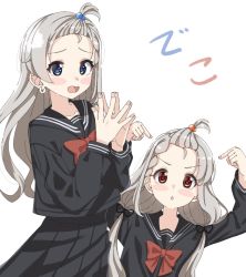 Rule 34 | 2girls, alternate costume, arms up, bangs pinned back, black ribbon, black sailor collar, black serafuku, black shirt, black skirt, blue eyes, blush stickers, bow, braid, brown eyes, commentary request, earrings, grey hair, hair bobbles, hair ornament, hair ribbon, hands up, highres, hisakawa hayate, hisakawa nagi, idolmaster, idolmaster cinderella girls, idolmaster cinderella girls starlight stage, jewelry, long hair, long sleeves, looking at viewer, low twintails, multiple girls, open mouth, parted lips, pleated skirt, pointing, pointing at self, red bow, ribbon, sailor collar, school uniform, serafuku, shirt, shiwa (siwaa0419), siblings, simple background, sisters, skirt, steepled fingers, translation request, twins, twintails, v-shaped eyebrows, very long hair, wavy mouth, white background