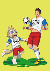Rule 34 | 2boys, bara, black hair, commentary request, dog boy, facial hair, furry, furry male, goggles, highres, koji (wildlhz), male focus, mature male, multiple boys, muscular, muscular male, open mouth, original, pointy ears, short hair, smile, spiked hair, stubble, world cup, yellow eyes