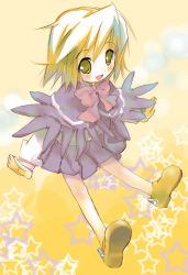 Rule 34 | 1girl, blonde hair, blush, bow, capelet, minis, ribbon, shoes, short hair, smile, solo, source request, star (symbol), starry background, summon night, summon night 2, yellow eyes