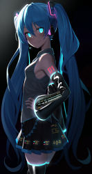 Rule 34 | 1girl, bib (bibboss39), black background, black skirt, black sleeves, black thighhighs, blue eyes, blue hair, blue nails, blush, breasts, closed mouth, collared shirt, commentary, detached sleeves, glowing, gradient background, grey shirt, hair between eyes, hand on own hip, hatsune miku, headphones, headset, highres, long hair, long sleeves, looking at viewer, looking to the side, nail polish, pleated skirt, shirt, skirt, sleeveless, sleeveless shirt, sleeves past wrists, small breasts, smile, solo, thighhighs, twintails, very long hair, vocaloid, wide sleeves, zettai ryouiki