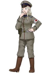Rule 34 | 1girl, absurdres, anyan (jooho), armband, belt, blue eyes, boots, brown footwear, buttons, cigarette, cross, full body, grey hair, grey hat, grey jacket, hand on own hip, hat, highres, holster, jacket, long hair, long sleeves, military, military uniform, original, peaked cap, red cross, simple background, smoking, solo, standing, uniform, white background, world war i